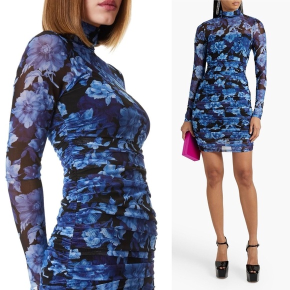 Alice + Olivia Delora Mesh Mini Dress in Dream Floral Royalty Print Blue 6 - Picture 2 of 11